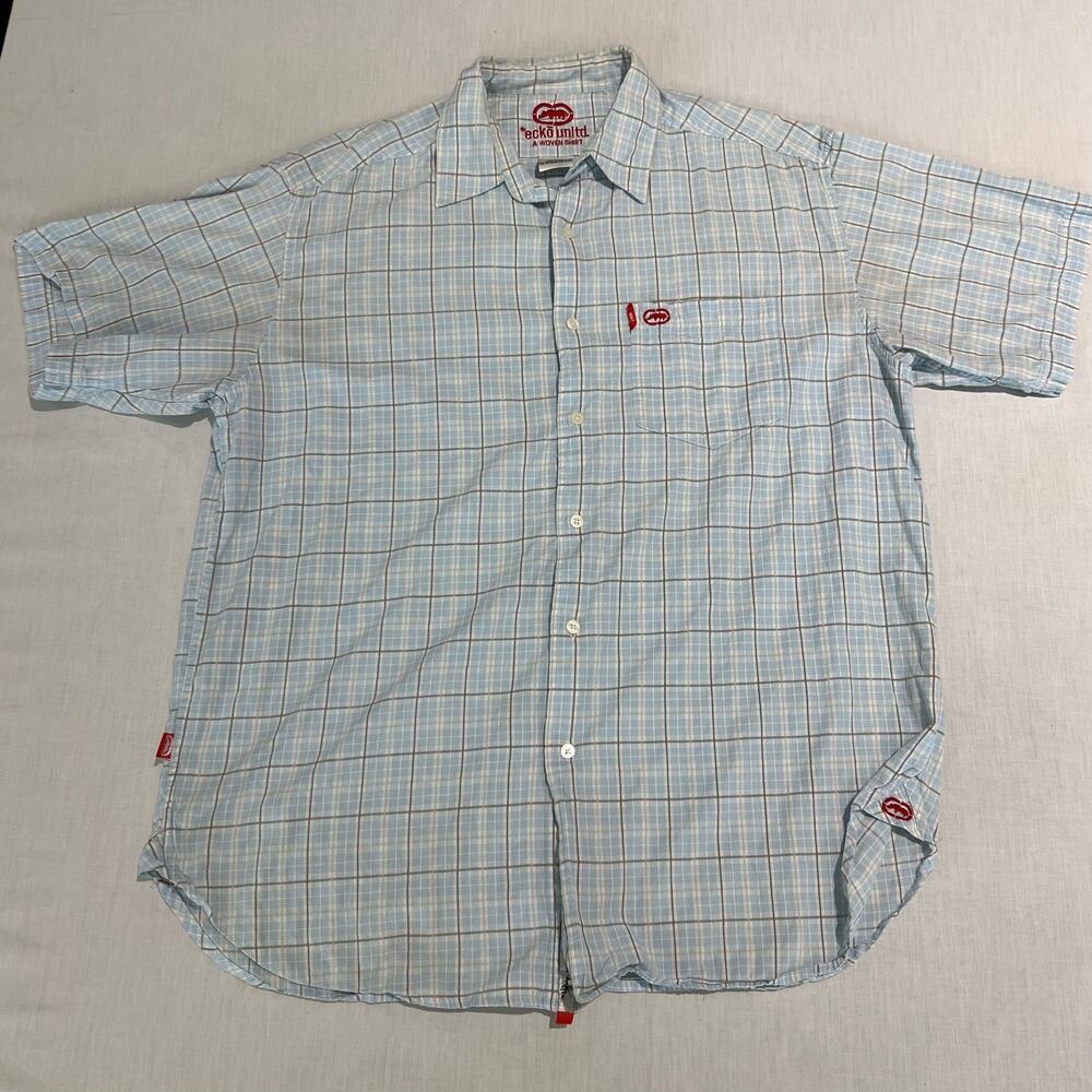 Ecko Unltd Blue Plaid Short Sleeve Button Up Shirt Sz XL